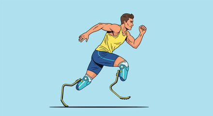 Fototapeta premium Determined male athlete with prosthetic running blades sprinting forward on a light blue background during a race.
