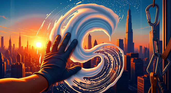 Gloved hand wiping soapy foam off a skyscraper window at sunset. High-altitude window washer performing maintenance on an urban high-rise. Professional exterior cleaning service concept.