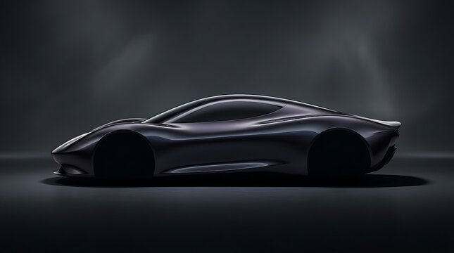 Sleek black futuristic concept sports car silhouette in dark studio with dramatic lighting and elegant curves