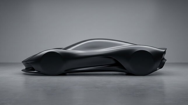 Sleek futuristic concept car sculpture in matte black finish with elegant aerodynamic curves in a minimalist studio setting