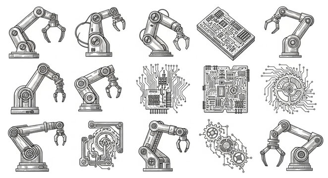Industrial robotic arms in various positions.