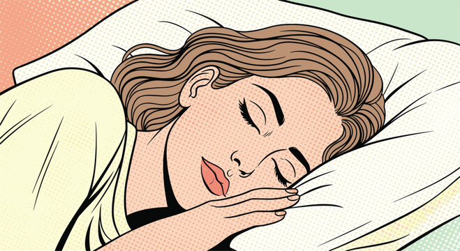 Young woman with wavy brown hair is sleeping deeply and peacefully on a soft white pillow in a comfortable bed.