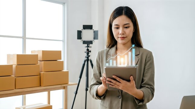 Businesswoman analyzing revenue growth data on tablet with bar graph overlay, surrounded by cardboard boxes in a modern office setting
