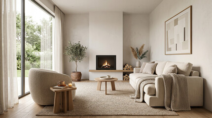 Fototapeta premium Elegant living room interior with fireplace and natural light.