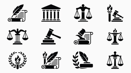 Fototapeta premium Justice and law icons set including scales gavel court law book feather and flame on white background