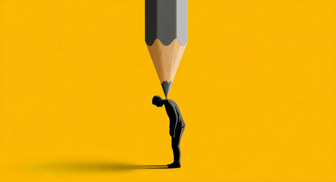 Large pencil pressing down on a hunched man. Conceptual illustration showing the weight of education or creative pressure. Stress and burnout metaphor, ideal for mental health awareness ads.