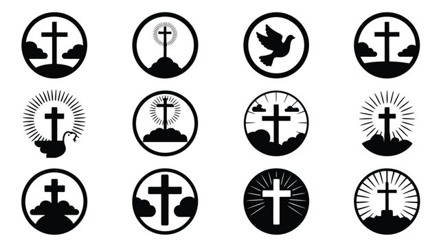 Christianity symbols icons set cross and dove silhouettes on white background for ascension day and religious themes