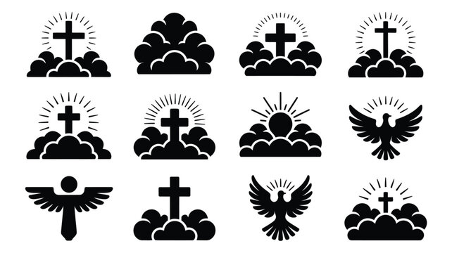 Collection of 12 bold black icons featuring crosses clouds sunbursts and angel silhouettes