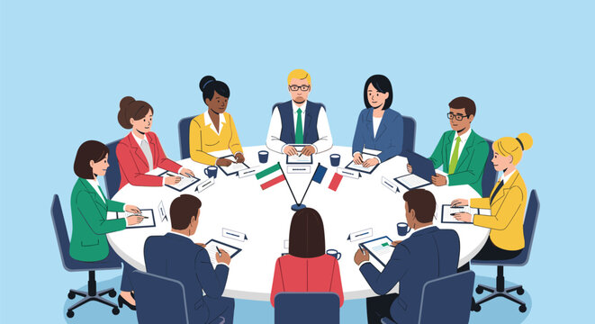 Diverse group of business professionals sitting around a large round table for an international diplomatic conference or corporate negotiation.