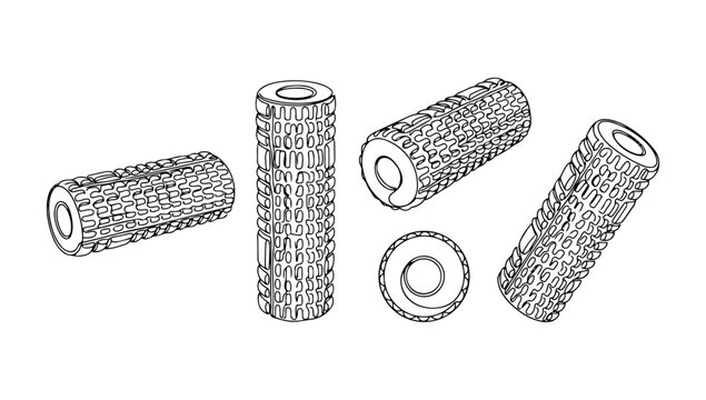 A detailed set of minimalist doodle line art drawings featuring various styles of foam rollers and fitness massage tools for sports recovery and physical therapy.