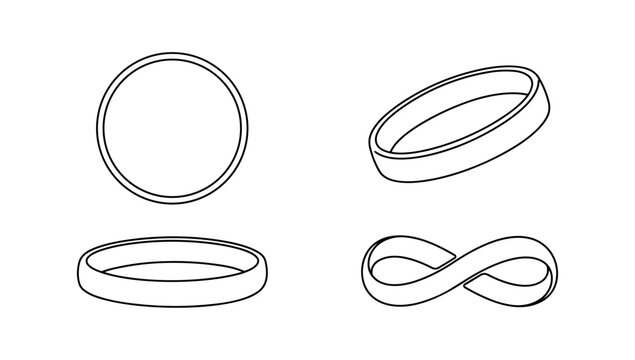 A detailed set of minimalist doodle line art drawings featuring various shapes and perspectives of elastic rubber bands and circular rings.
