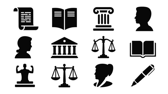 Black silhouette logos of constitution law and justice symbols on white background