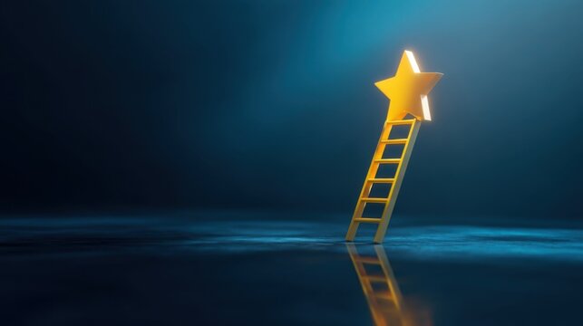 Golden ladder with seven rungs reaches toward a radiant star in a dark reflective space, symbolizing aspiration and hope