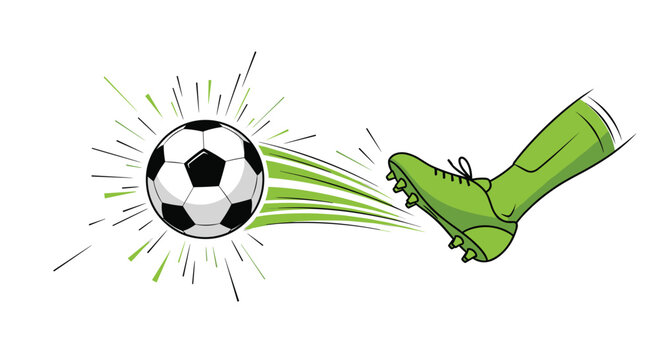 Soccer player's foot in a green boot kicking a football with speed lines and a burst effect representing action and goals on white background.