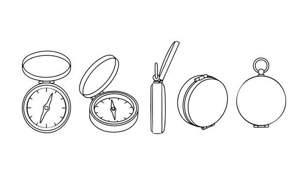 A detailed set of minimalist doodle line art drawings depicting a classic pocket watch or compass shown in various open and closed positions.