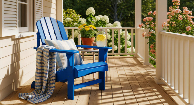 Blue Adirondack chair with a blanket on a sunny wooden porch. Summer scene features lemonade and flowers beside a lush garden. Cozy outdoor living concept ideal for home lifestyle marketing.