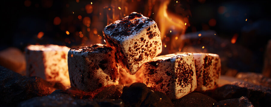 Close-up melting marshmallows illuminated by ember reflections 32k ultra HD