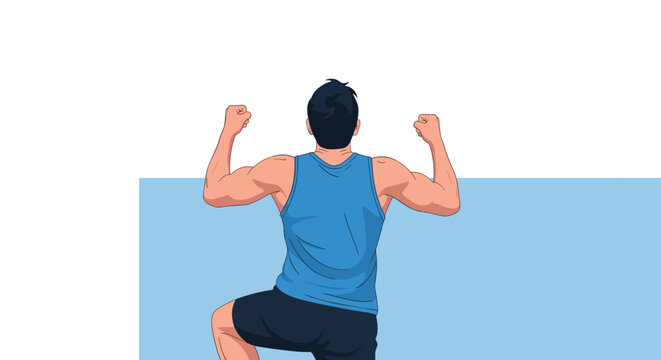 Rear view of a muscular man in a blue tank top and black shorts looking over a blue wall with his fists raised in celebration of success.