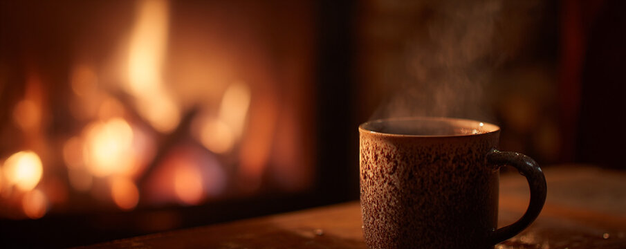 Close-up steam rising from mug, blurred fireplace flames creating warm glow 32k ultra HD