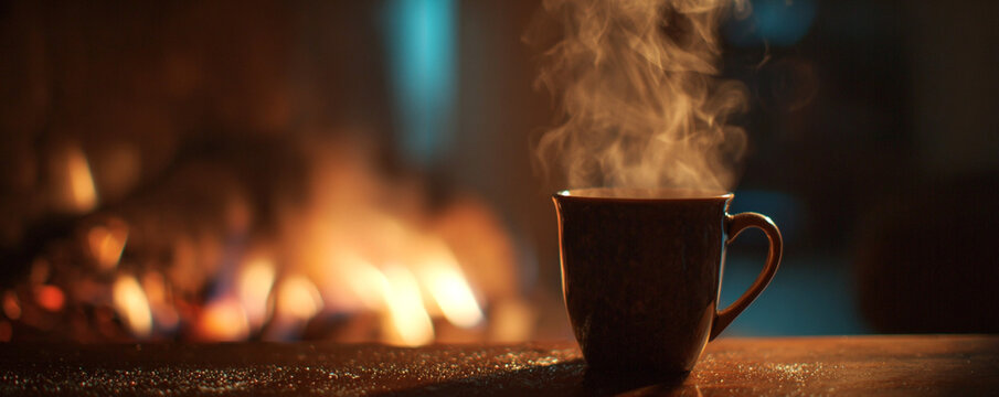 Close-up steam rising from mug, blurred fireplace flames creating warm glow 32k ultra HD
