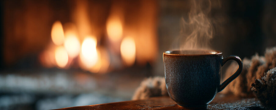 Close-up steam rising from mug, blurred fireplace flames creating warm glow 32k ultra HD