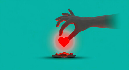 Fototapeta premium Low-poly hand reaching to grab a glowing red heart icon. A 3D rendered conceptual scene with a minimalist teal background. Emotional desire and love theft concept, ideal for marketing graphics.