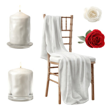 Pow/mia symbol png with white candle and red rose on wooden table chair draped with white cloth for calm setting