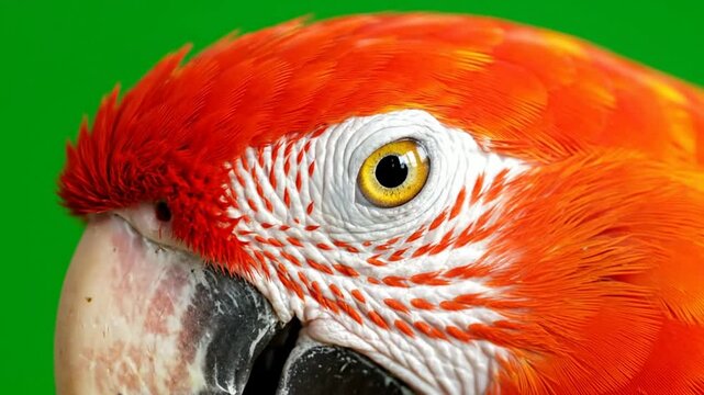 Close-Up of a Vibrant Red Macaw Parrot Showcasing Detailed Feathers and Striking Eye against a Solid Green Background