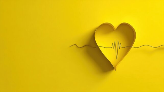Vibrant yellow background with 3D heart, paper-cut effect and ECG line symbolizing life vitality.