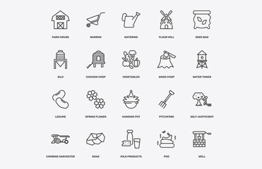 agriculture and farm icon set with farm house, barrow, watering, legume signs in flat outline style © Abstract
