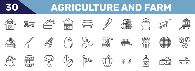agriculture and farm icon set with farm house, combine harvester, hose, pickup signs in flat outline style © Abstract