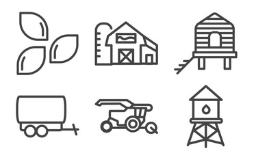 agriculture and farm icon set with seed, barn, trailer, water tower signs in flat outline style © Abstract
