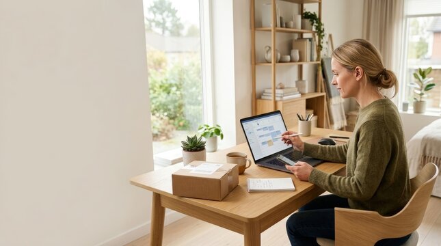 Woman working from home scheduling package pickup at desk