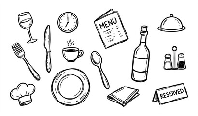 Hand drawn cutlery doodle icon set tableware and dining utensil vector isolated on white background © Rimon