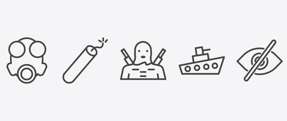 Fototapeta premium military and war and icon set with dynamite, guerrilla, ship, stealth signs in flat outline style