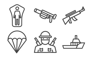 Naklejka premium military and war and icon set with conscription, grenade launcher, parachute, army boat signs in flat outline style
