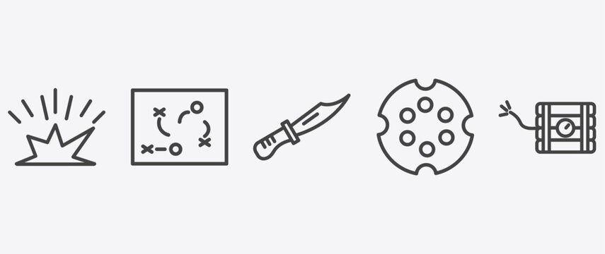 military and war and icon set with strategy, combat knife, chamber, time bomb with clock signs in flat outline style