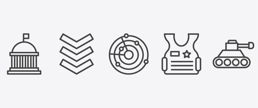 military and war and icon set with chevron, militar radar, bulletproof, tank signs in flat outline style