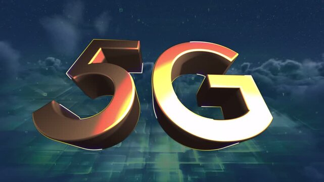 Light pulse starting large metal 3D 5G logo rotating tilting bobbing, showing network power