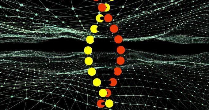 Center crossing starting yellow or red strands bending, rotating into helix on teal grid showing loo