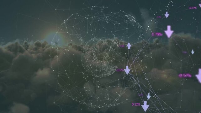 Sun halo rising, dot globe turning, nodes forming, arrows moving, rates changing, showing data flow