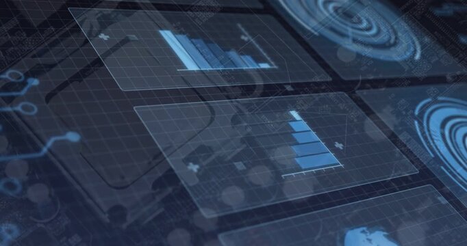 Two translucent holographic panels animating axes then rising blue bar charts to show data trends