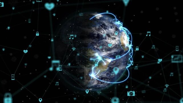 Globe appearing, teal arcs drawing across right side, icons clustering, showing global links