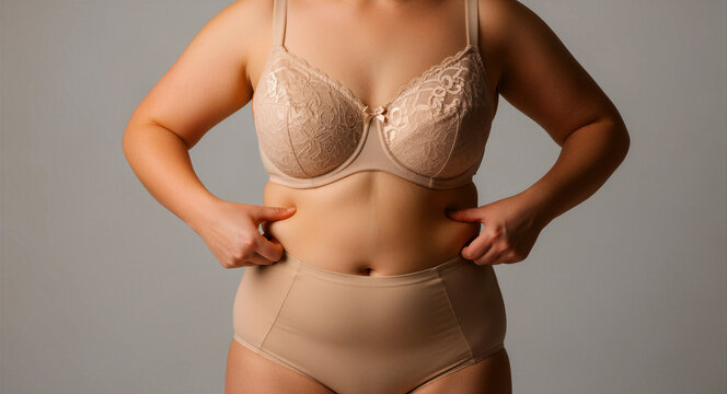 Woman in beige lingerie pinching excess abdominal fat on her waist. Plus size female model showing body shape and weight concerns. Health and body positivity concept for weight loss marketing.