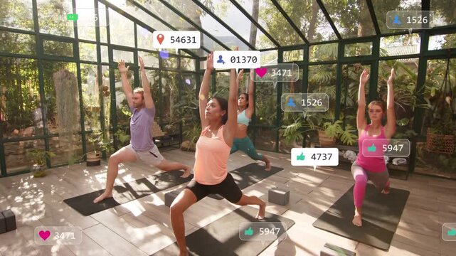 Four yogis holding lunge in sunroom, badge appearing, likes hearts growing, showing fitness buzz