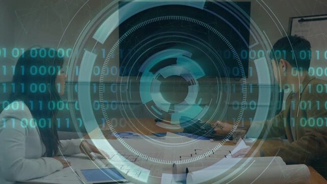 Two architects reviewing plans tapping tablet causing HUD rings and binary for design review