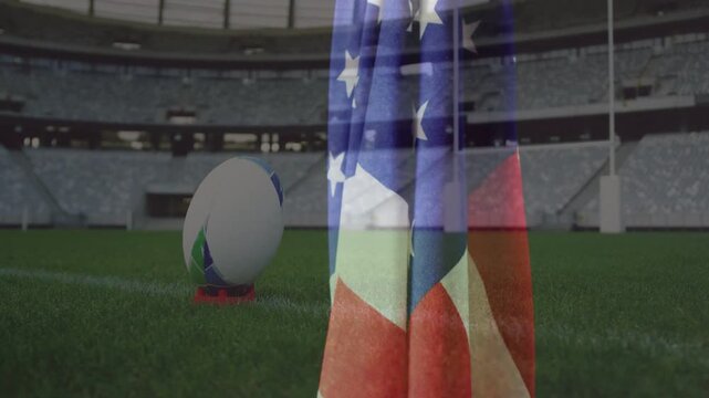 Frame sequence advancing, flag motif shifting right and revealing rugby ball on tee in sports media
