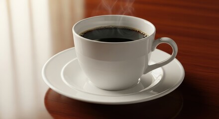 Obraz premium Steaming Cup of Black Coffee on Saucer