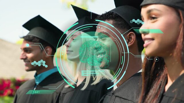 Grads standing in row wearing caps and gowns, camera shifting right causing AR HUD scanning ID