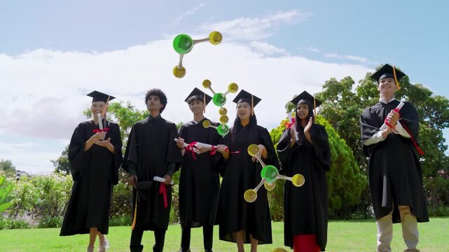 Graduates celebrating, one male walking forward causing molecules drifting while peers tossing caps
